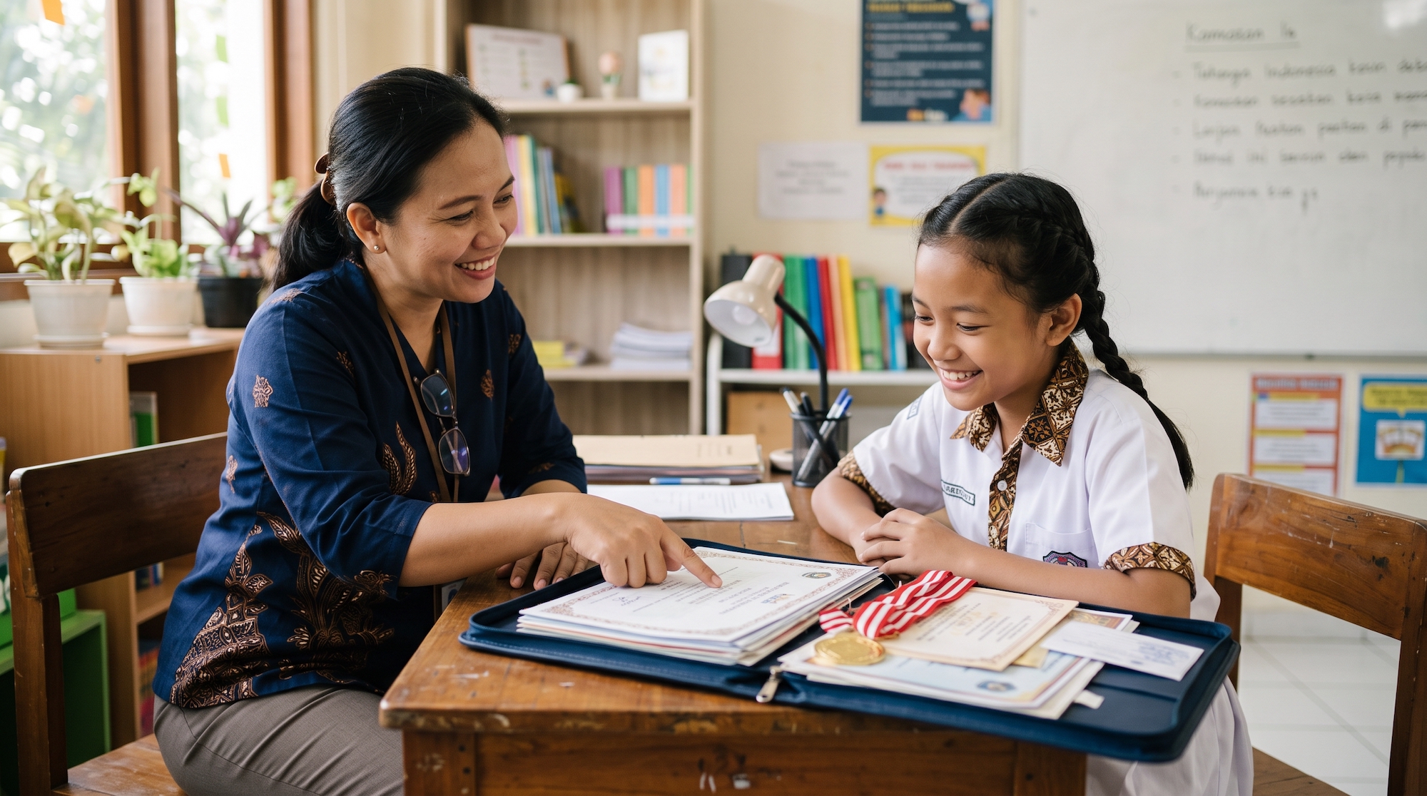 Guru pembina dan murid meninjau rekam jejak prestasi sebagai bagian dari manajemen talenta sekolah
