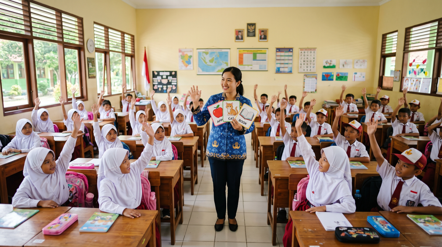 Guru SD mengajak murid kelas 3 belajar Bahasa Inggris dengan kartu bergambar di kelas
