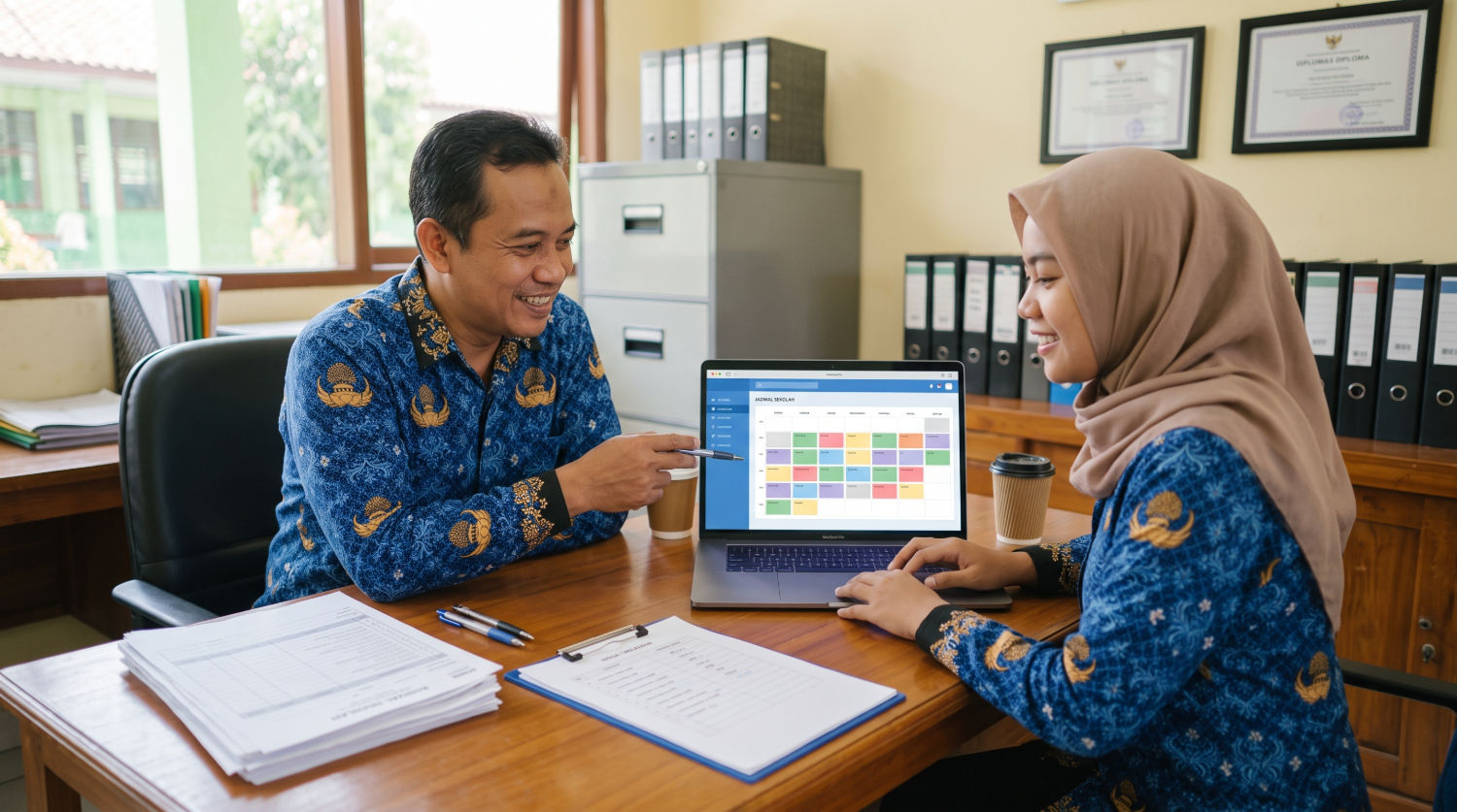Kepala sekolah dan operator sekolah menyusun jadwal pelajaran dan pembagian tugas guru menggunakan platform digital