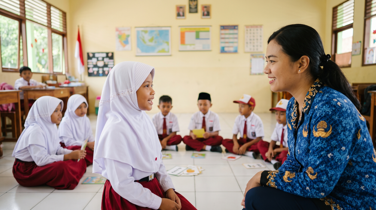 Murid SD berlatih percakapan Bahasa Inggris sederhana bersama guru sebagai bentuk asesmen berbicara