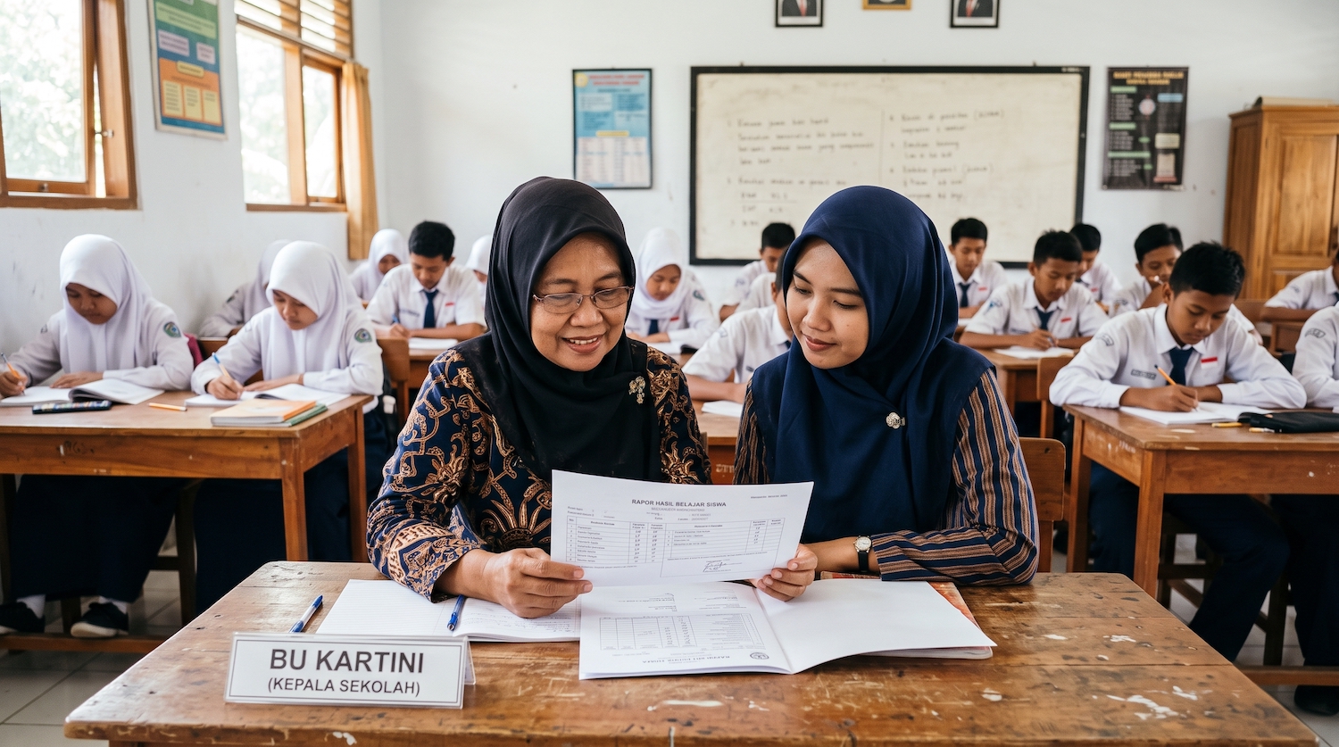 Kepala sekolah dan guru membaca lembar rapor di ruang kelas, dengan murid belajar di latar belakang